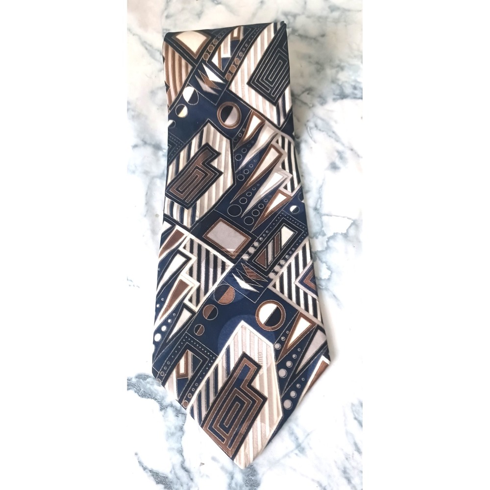 Gianfranco Ruffini Italy Silk Tie Blue Brown Geometric Abstract Necktie